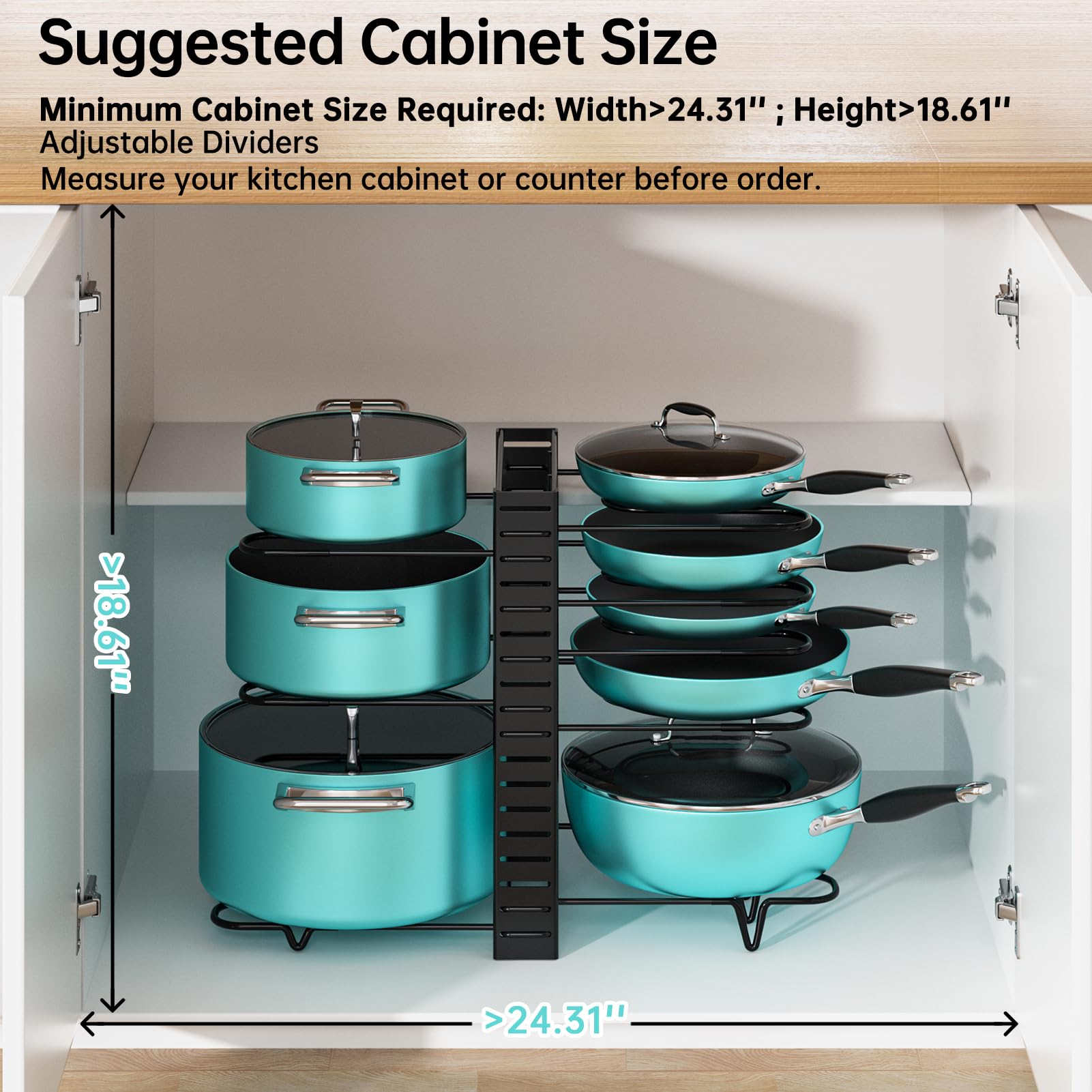 Adjustable dividers on MUDEELA rack adapt to different pot sizes.