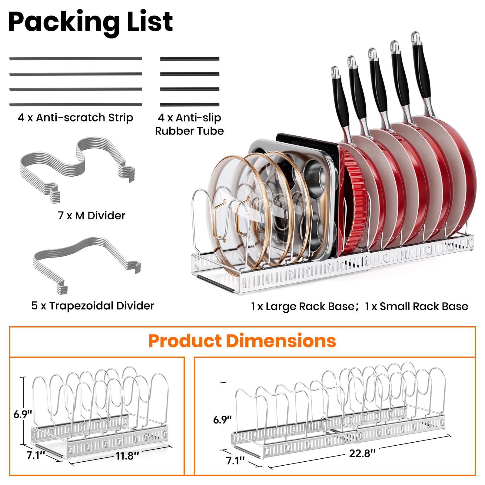 MUDEELA cabinet storage closeup shows generous capacity for pans, lids, and cutting boards.