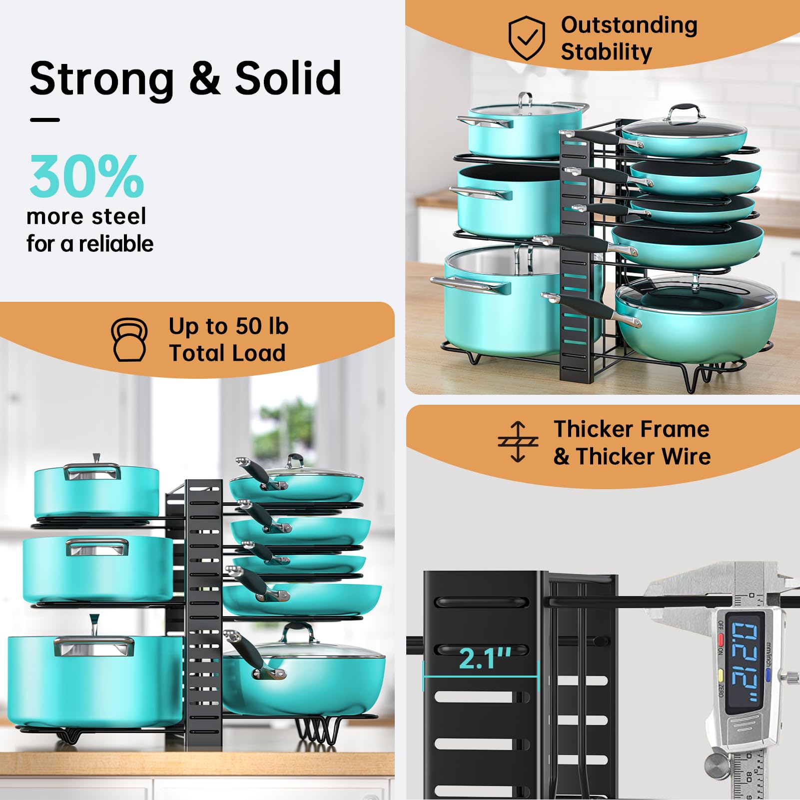 Deep U-shaped design keeps pans secure and organized.