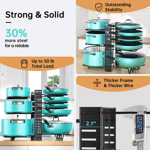 Deep U-shaped design keeps pans secure and organized.