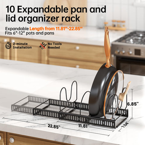 MUDEELA expandable pot lid organizer demonstrates adjustable length for flexible storage