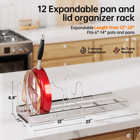 MUDEELA expandable pots organizer extended-length demonstrates flexible storage for varying cookware sizes.