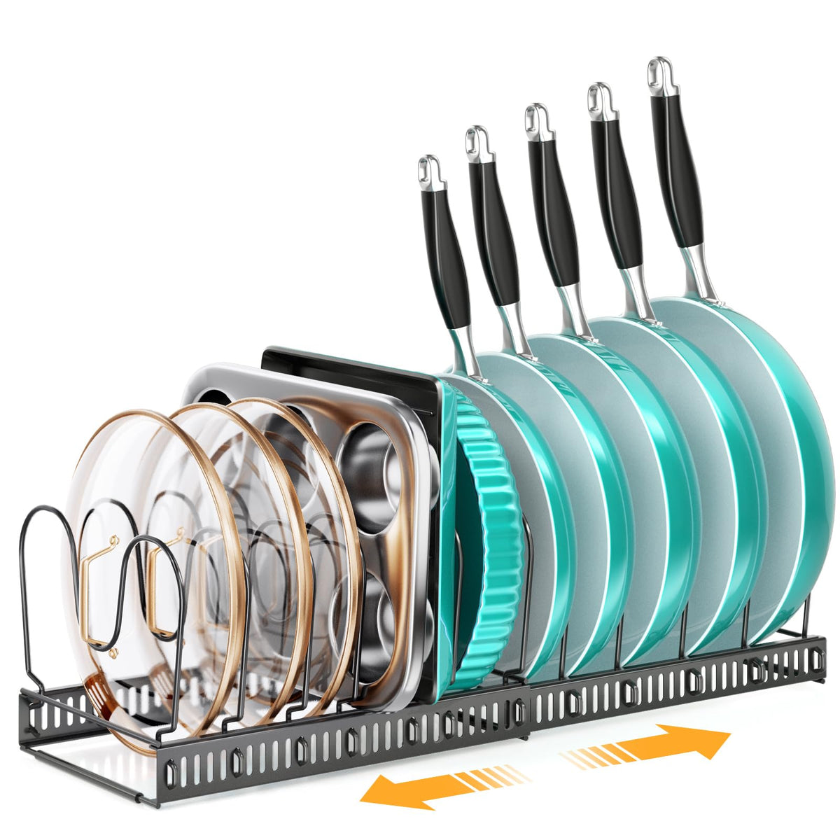 MUDEELA expandable pots and pans organizer under cabinet in assembly view for easy access.