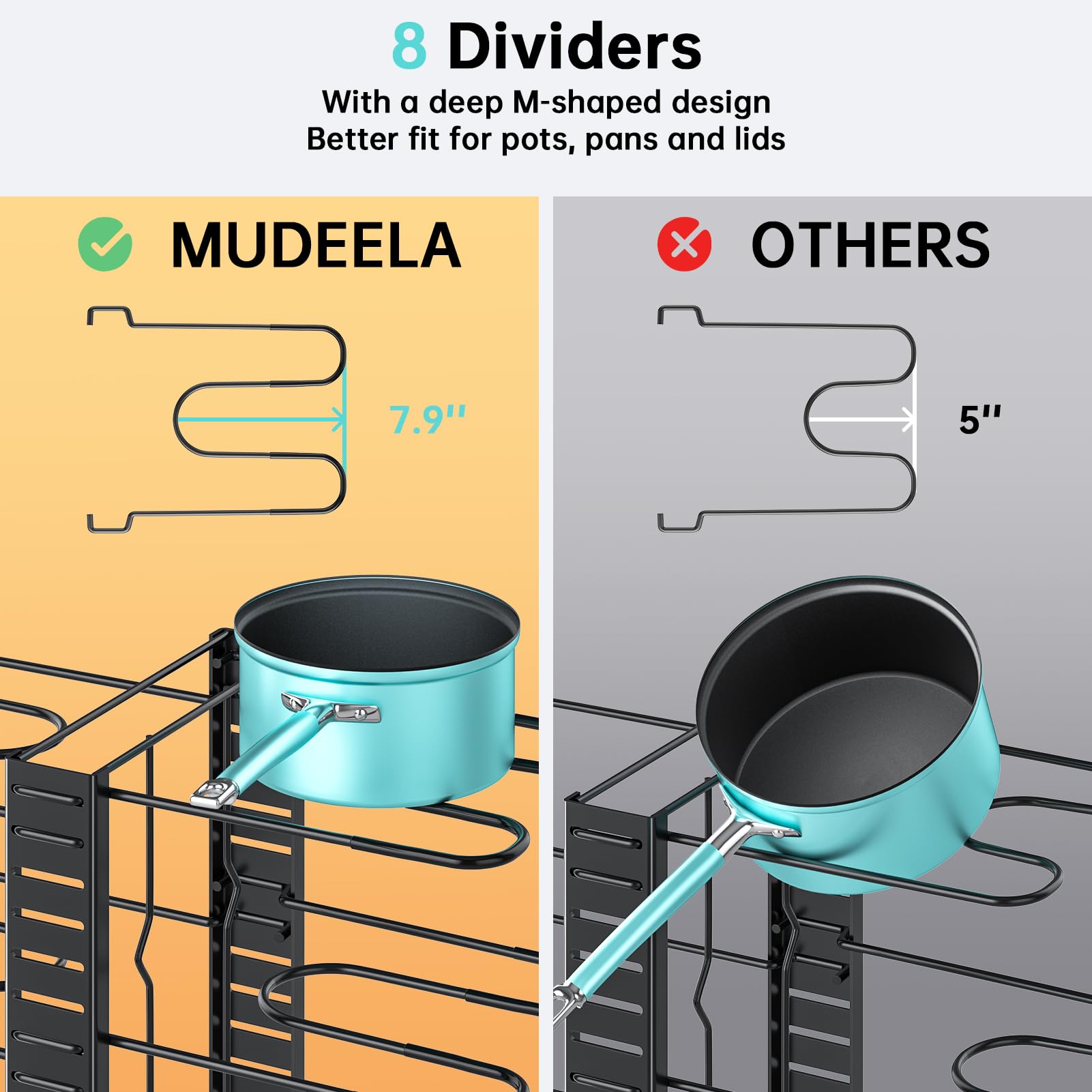 Large capacity storage fits up to 12-inch cookware.