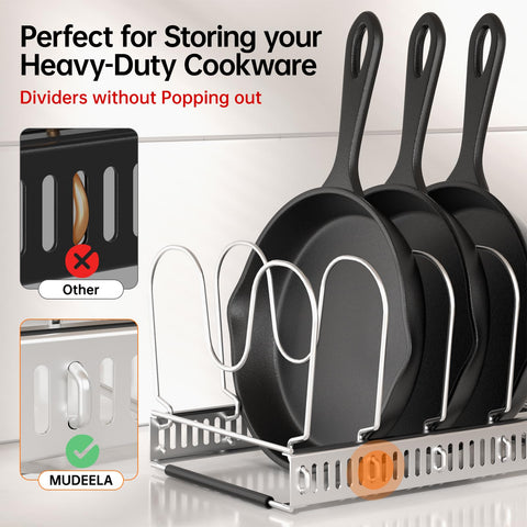 MUDEELA lid organizer 2-diy setup highlights dual-use for lids and pots within reach.