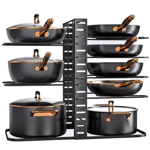MUDEELA pots and pans organizer under cabinet with 8-tier design for compact kitchen storage.