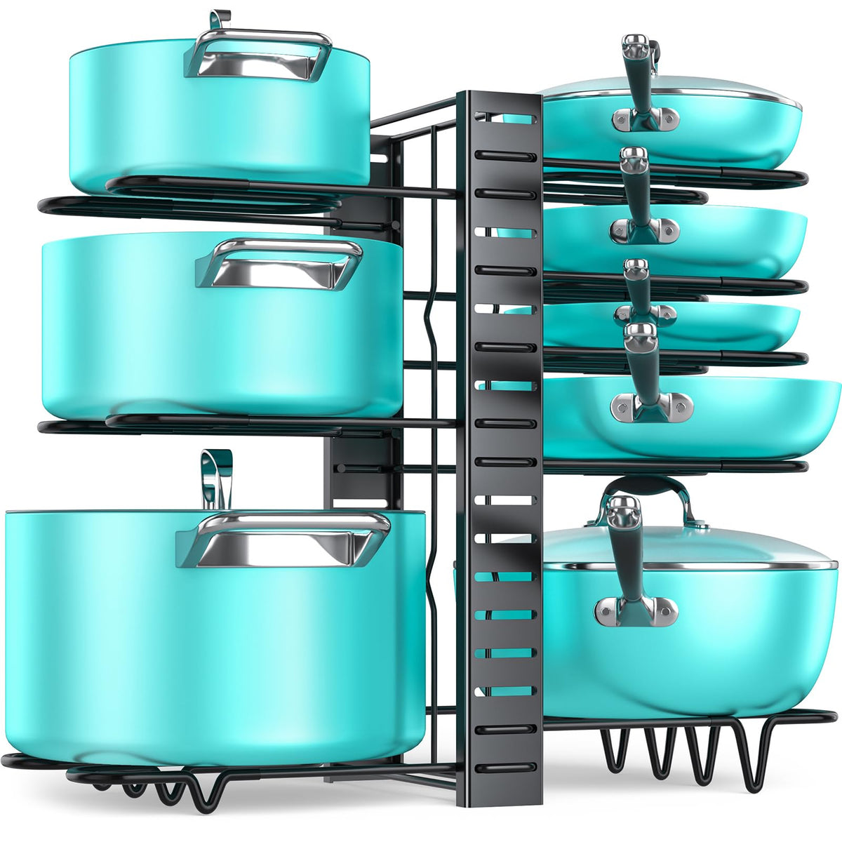 MUDEELA under-cabinet pot and pan organizer with eight tiers for space-saving storage.