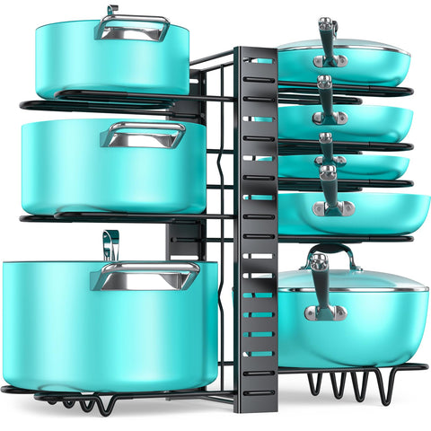 MUDEELA under-cabinet pot and pan organizer with eight tiers for space-saving storage.