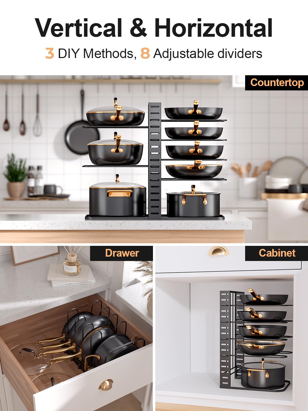 MUDEELA space-saving rack frees cabinet real estate for cookware and boards.