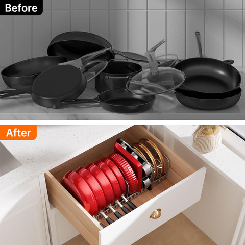 MUDEELA ten-divider system supports flexible sorting of pots, lids, and pans.