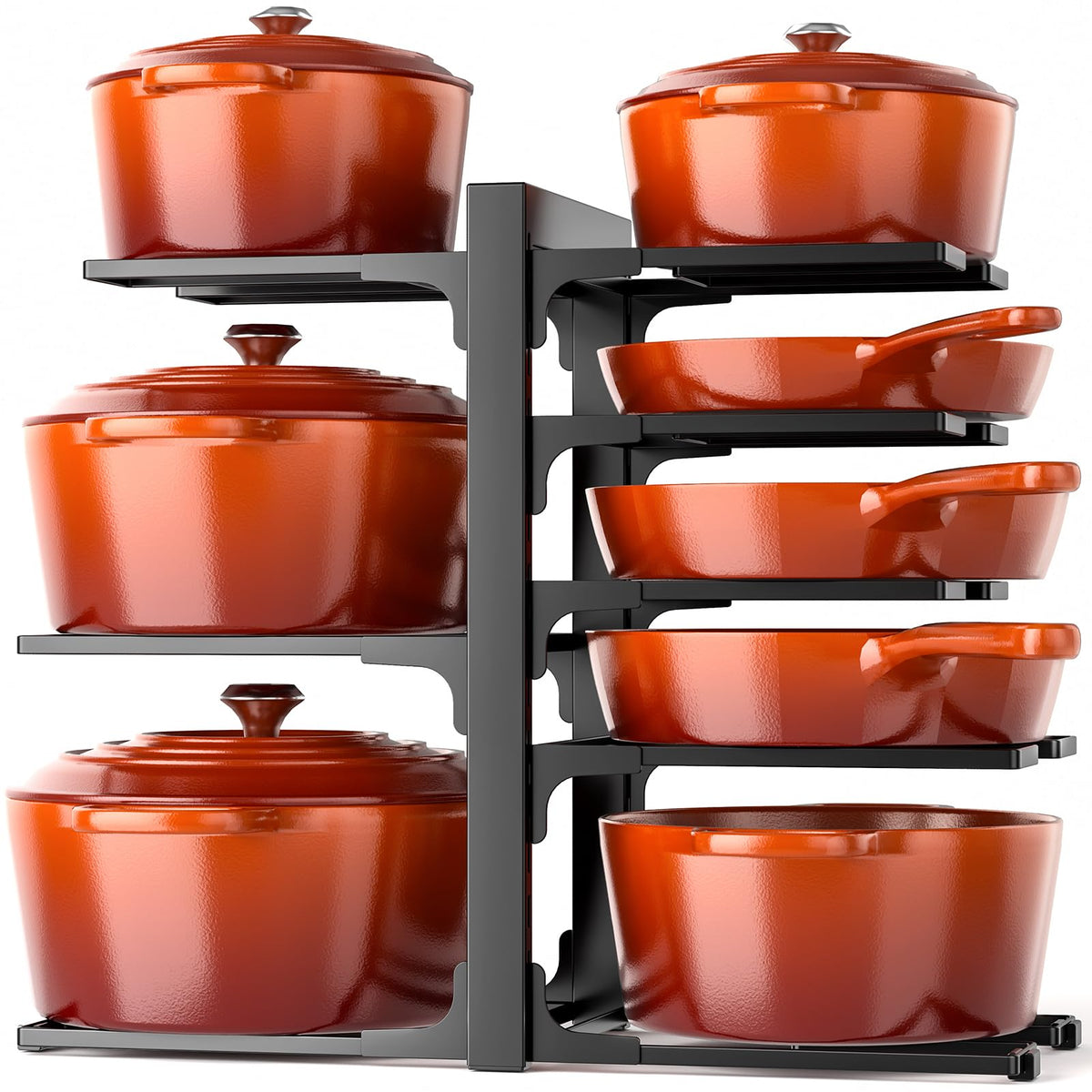 MUDEELA 8-tier under-cabinet pot organizer showing rock-solid stability.