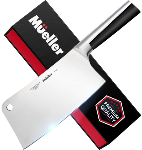 Mueller 7-inch cleaver with full-tang handle for balanced, precise chopping.