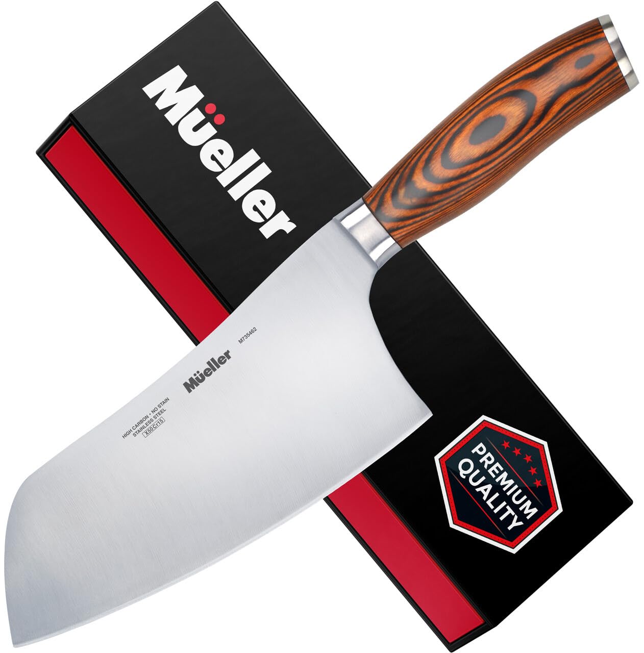 Mueller 7-inch cleaver blade close-up showing a razor sharp edge for precise chopping.