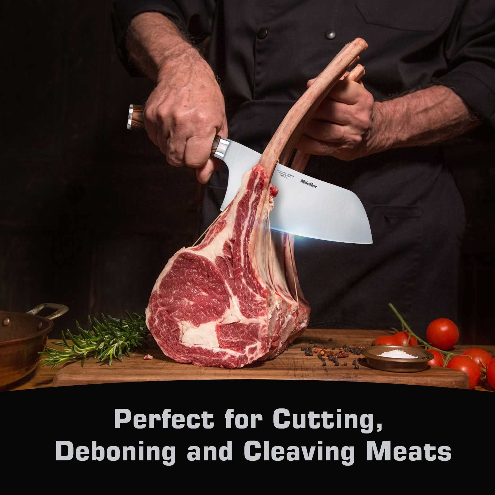 Mueller 7-inch cleaver PakkaWood handle highlights a comfortable, slip-resistant grip.