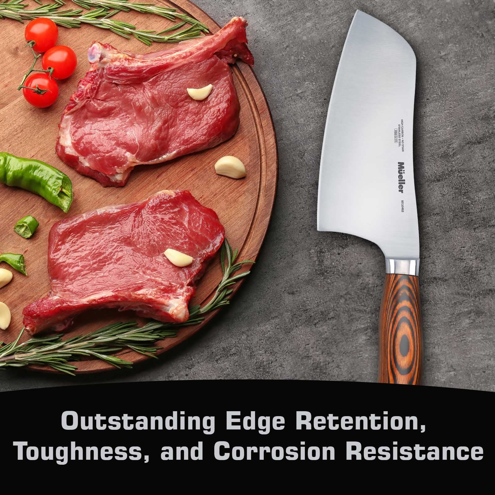 Mueller 7-inch cleaver in action slicing meats and tougher cuts with ease.