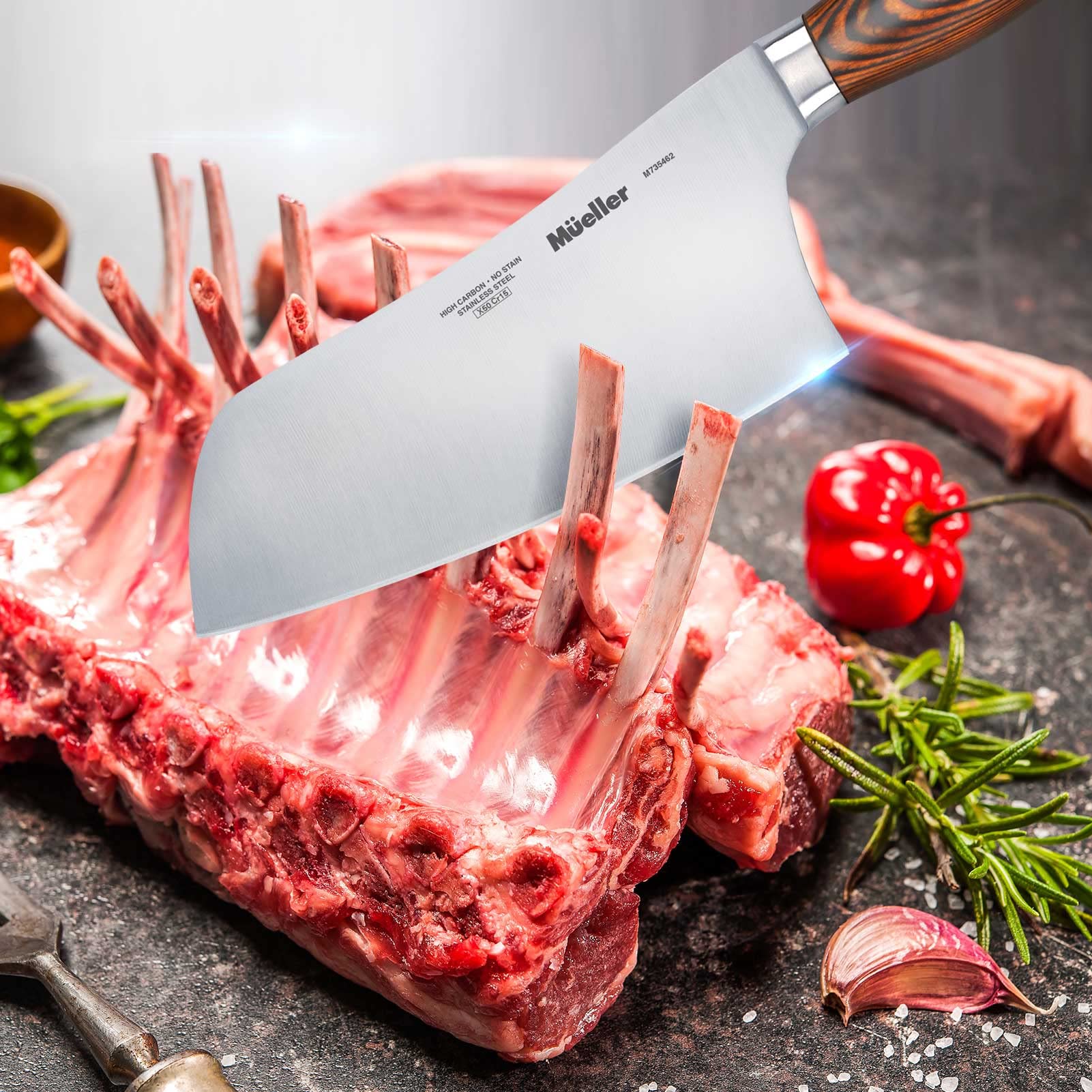 Mueller 7-inch cleaver blade features rust-resistant German stainless steel coating.