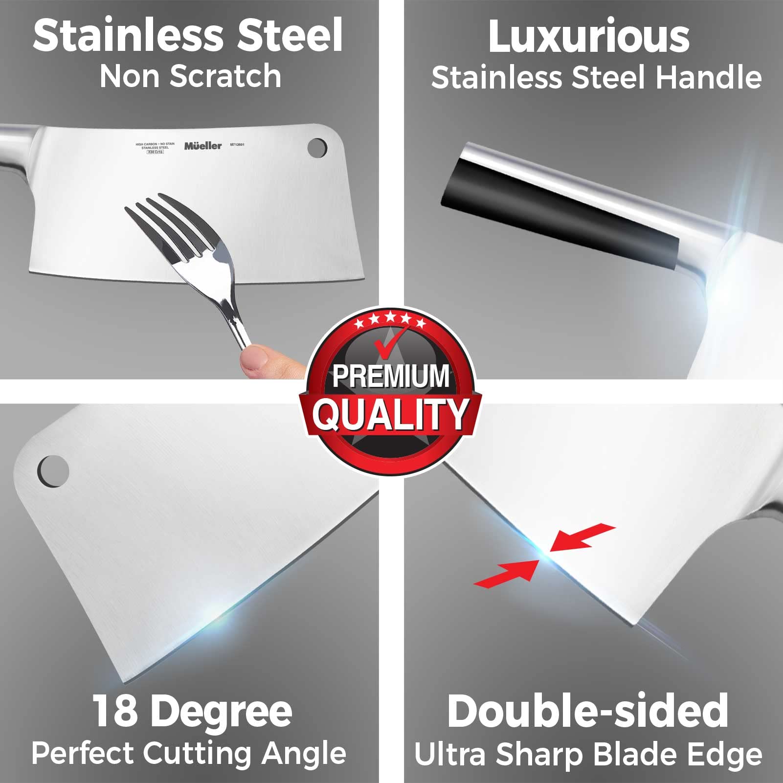 Mueller durable stainless steel blade resists rust and discoloration.