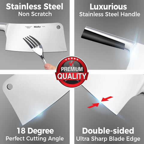 Mueller durable stainless steel blade resists rust and discoloration.