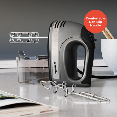 Beater attachments whisk butter, eggs, and cream smoothly.