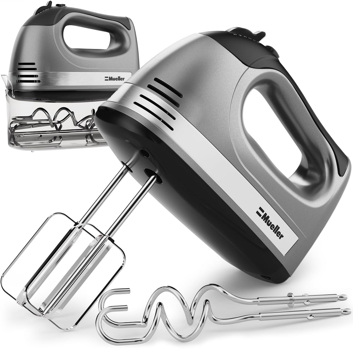 Mueller electric hand mixer with compact design for space-saving storage.