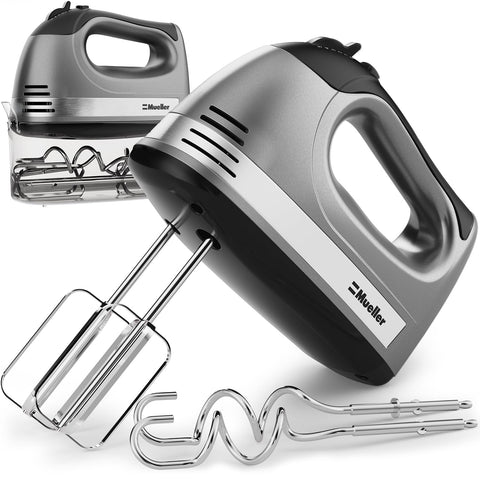 Mueller electric hand mixer with compact design for space-saving storage.