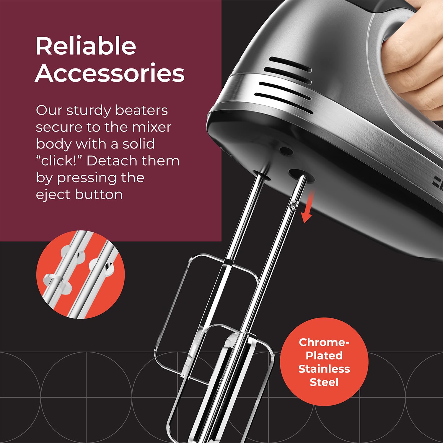 Snap-on storage case keeps attachments organized and accessible.