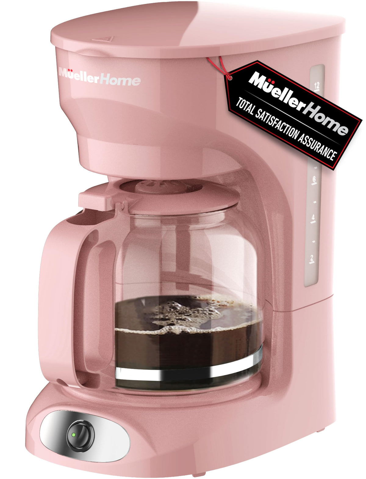 MUELLER HOME 12-cup pink coffee maker with borosilicate carafe for durable heat retention