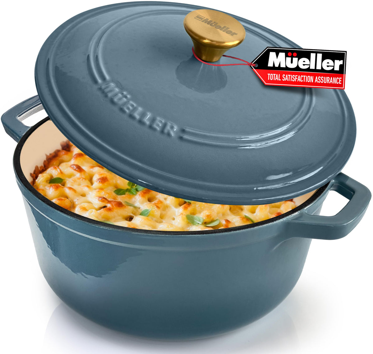 MUELLER HOME 6 Qt enamelled cast iron Dutch oven in blue with lid for even heating.