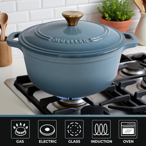 MUELLER HOME lid with stainless steel knob ensures secure, heat-resistant sealing.
