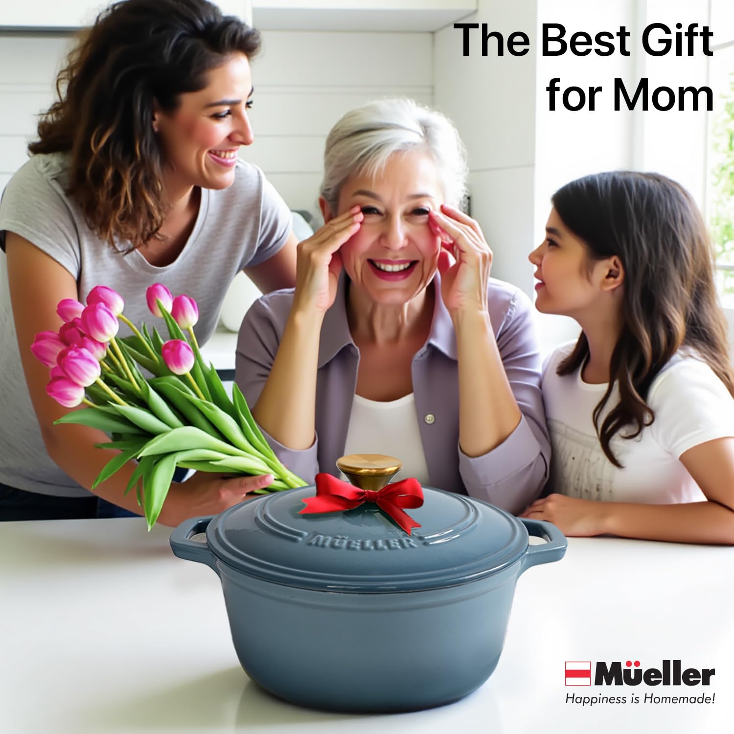 MUELLER HOME blue 6 Qt oven shown ready for table presentation.