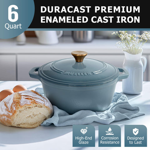 MUELLER HOME 6 Qt cast iron Dutch oven with sturdy handles, ideal for safe lifting.