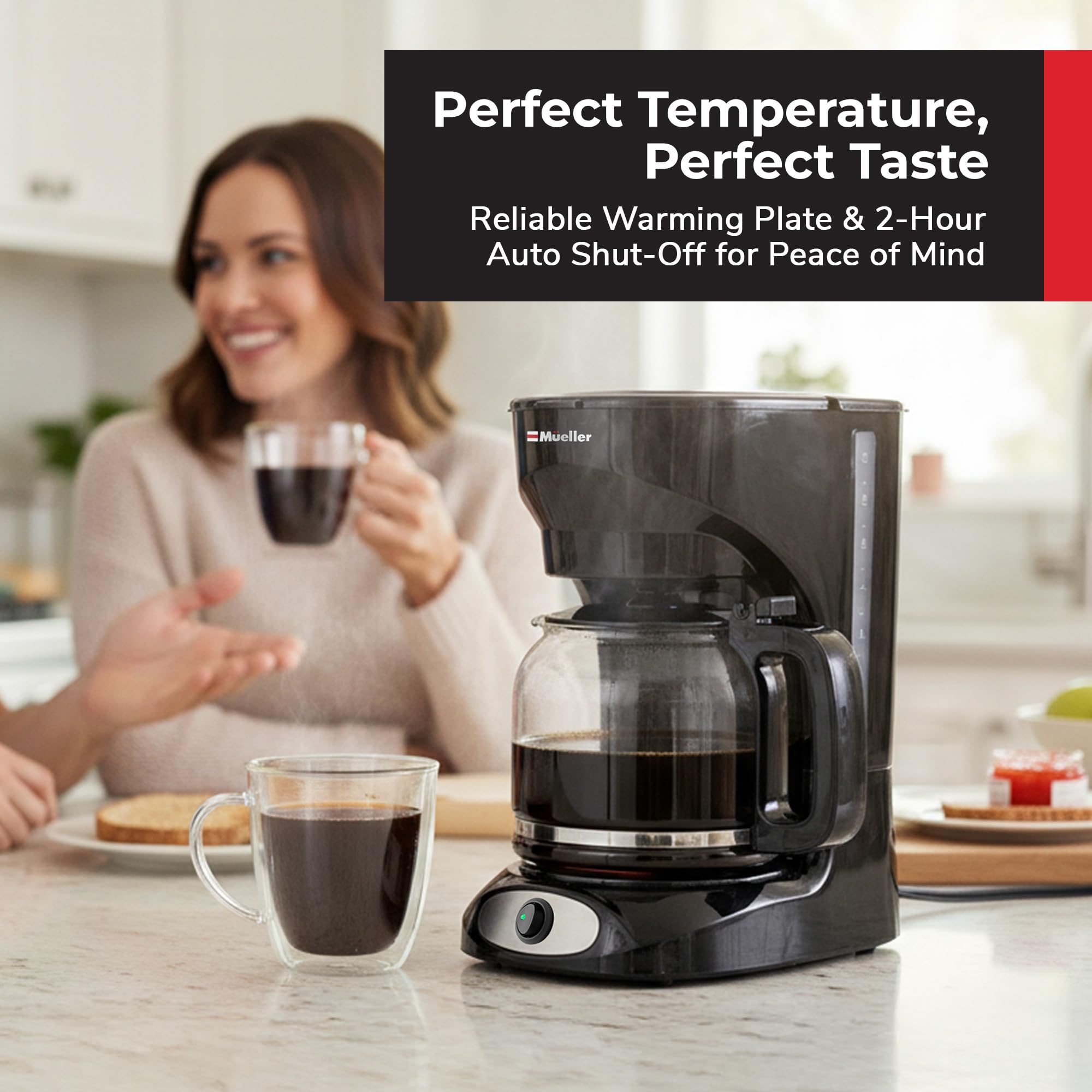 Mueller Home borosilicate carafe close-up, heat-resistant and odor-free.