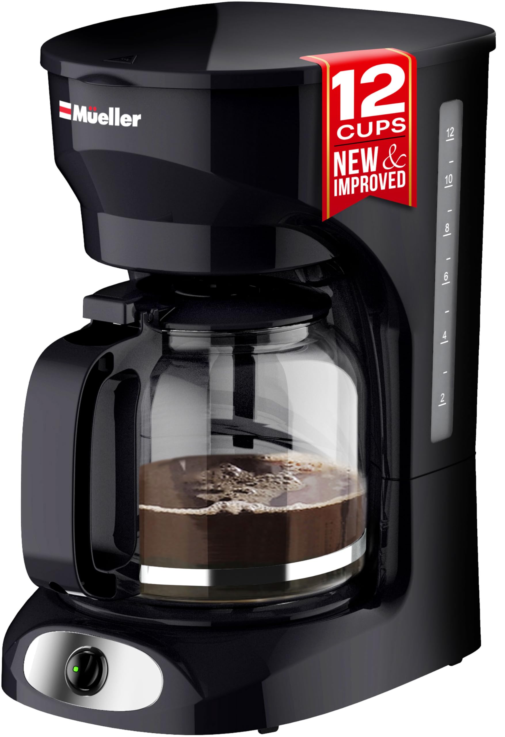Mueller Home 12-cup coffee maker, easy pour from the non-drip carafe.