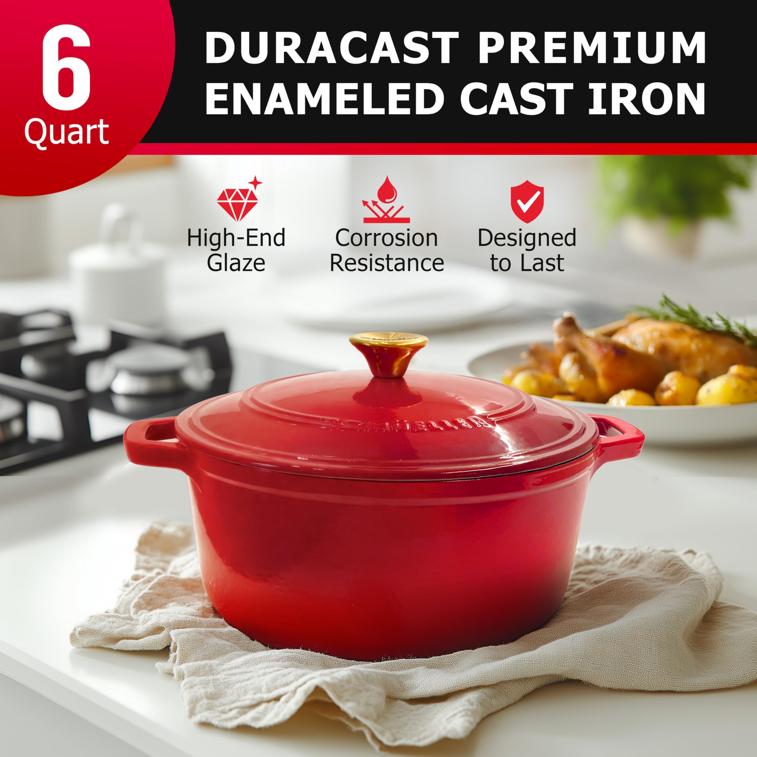Mueller Home DuraCast 6qt Dutch Oven lid with stainless knob for secure handling.