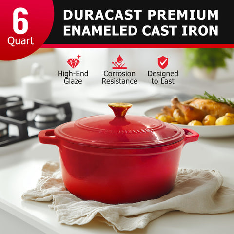 Mueller Home DuraCast 6qt Dutch Oven lid with stainless knob for secure handling.