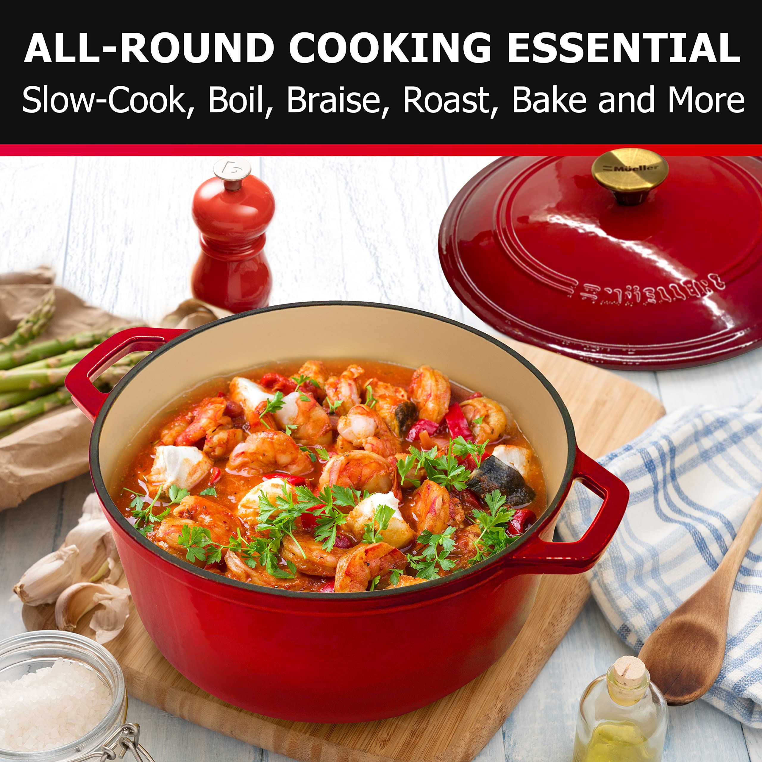 Mueller Home DuraCast 6qt Dutch Oven oven-safe up to 500°F for recipes.
