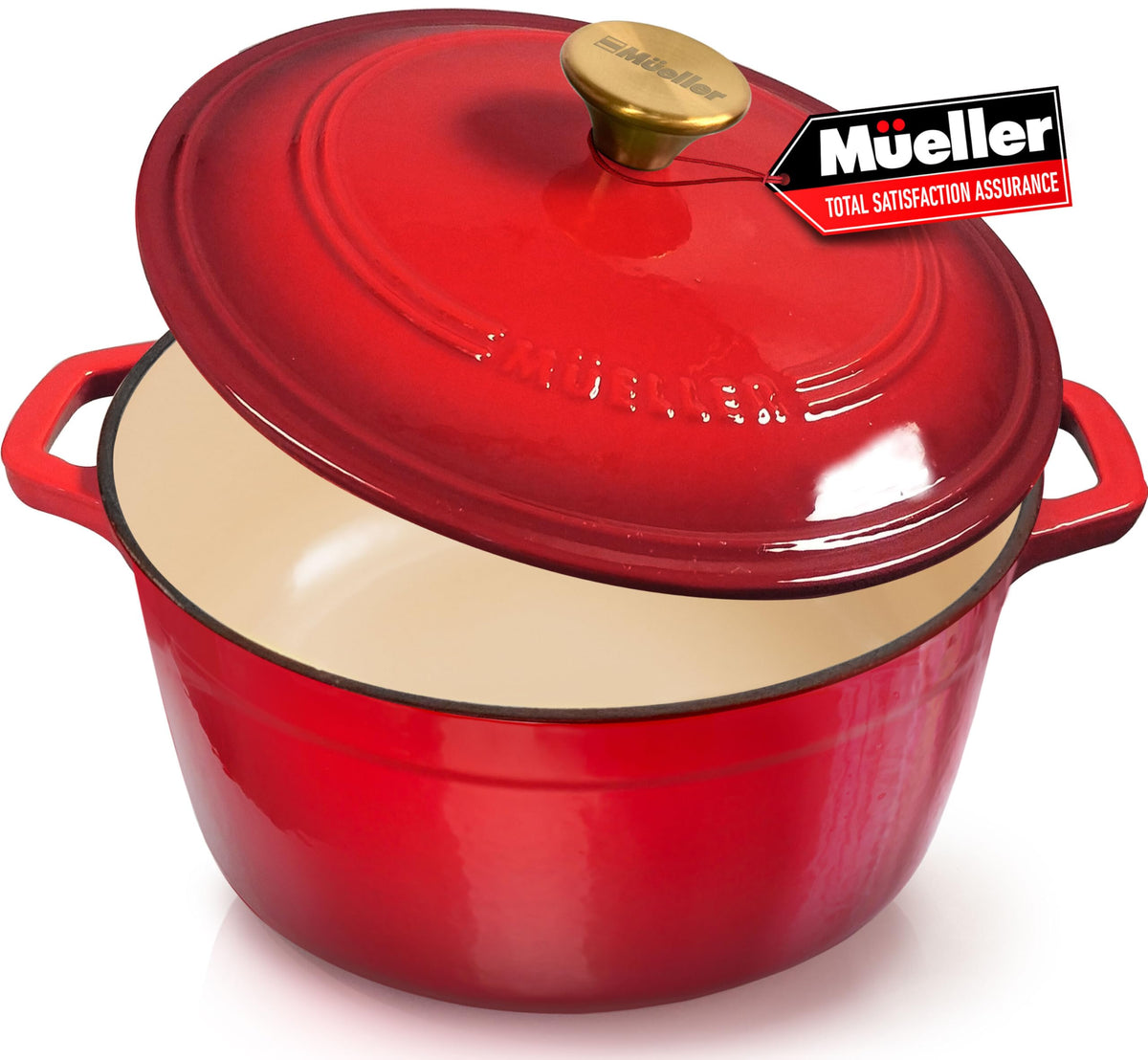 Mueller Home DuraCast 6qt Dutch Oven in red for even heat and family meals.