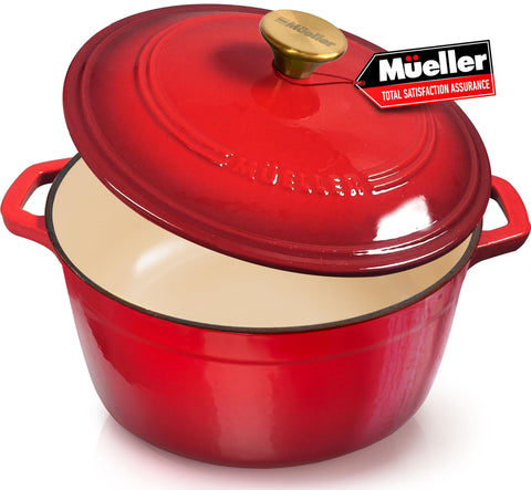 Mueller Home DuraCast 6qt Dutch Oven in red for even heat and family meals.