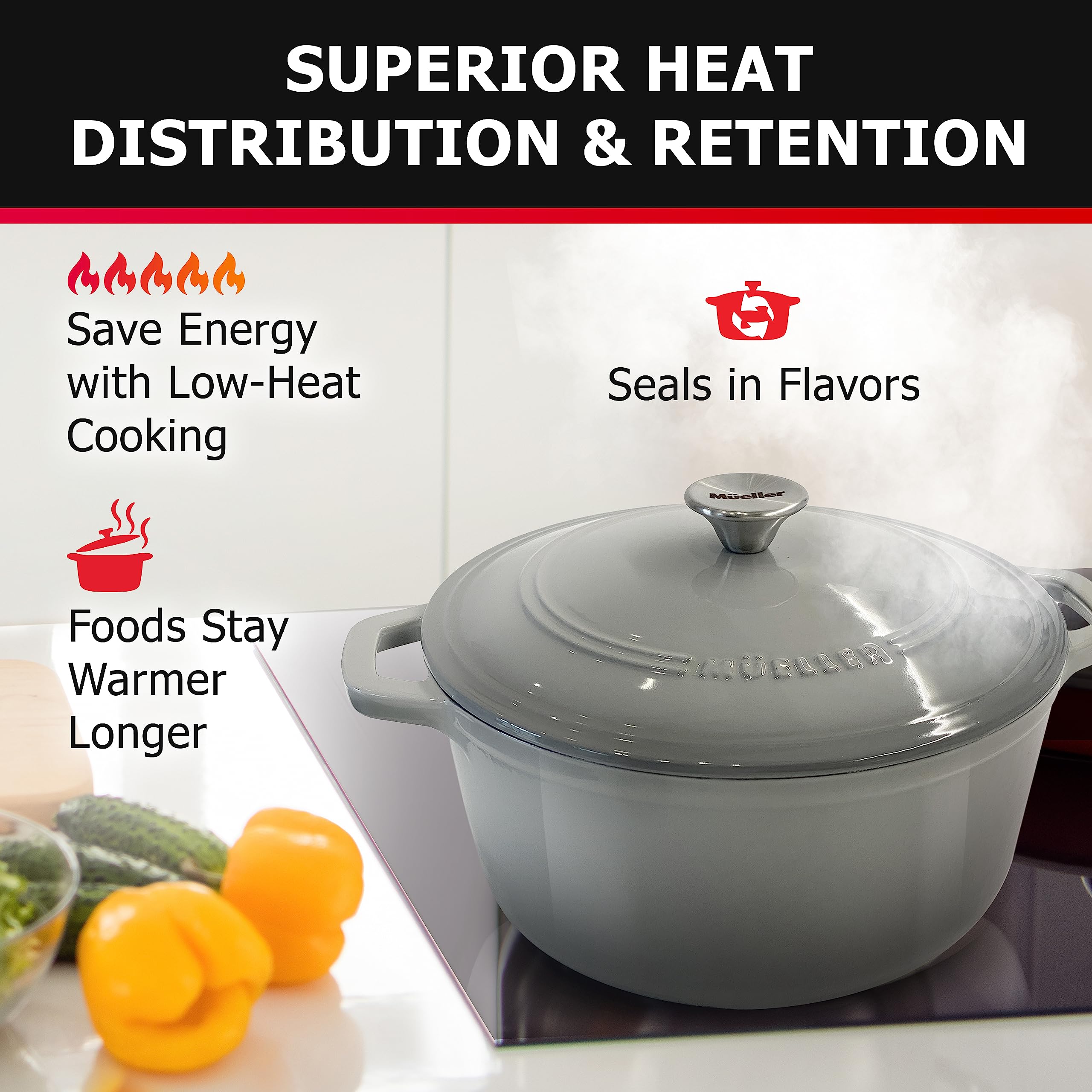 Mueller Home dutch oven with sturdy handles for safe transport.