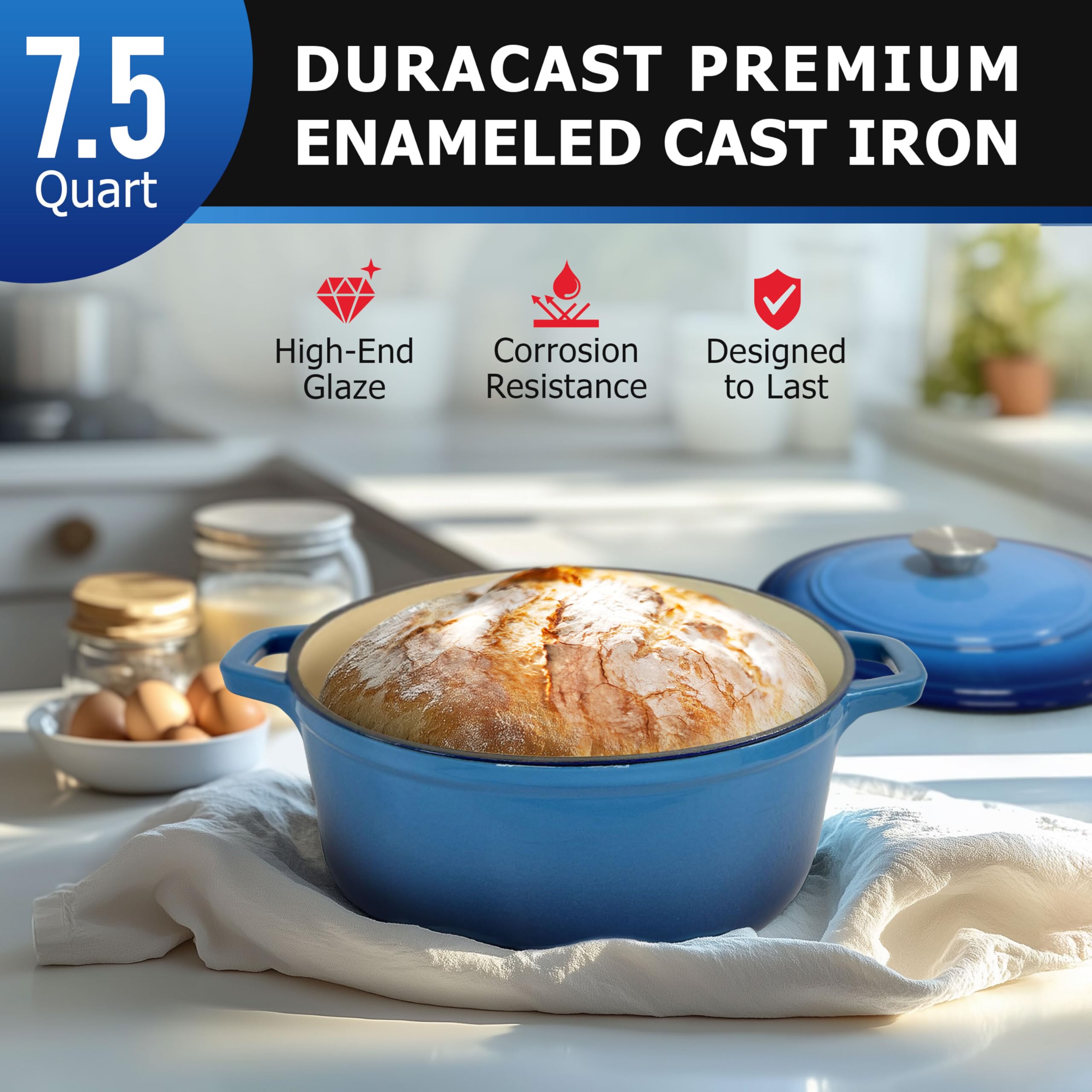 MUELLER HOME enameled cast iron pot close-up shows durable enamel finish