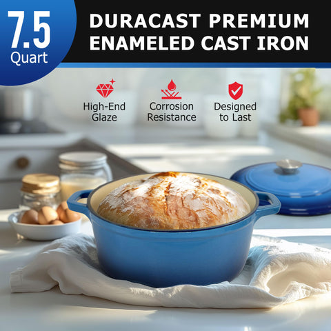 MUELLER HOME enameled cast iron pot close-up shows durable enamel finish