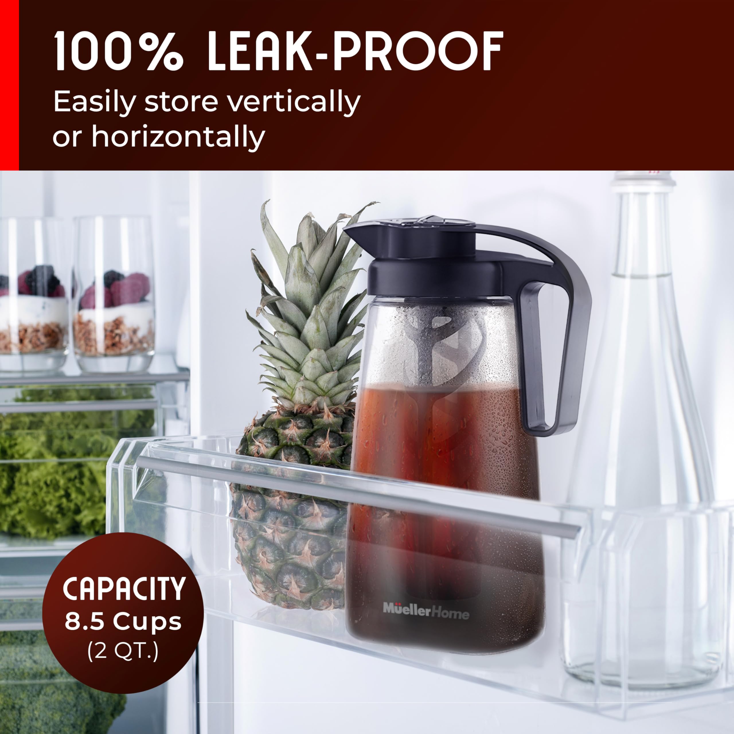 MUELLER HOME 2L capacity stores enough cold brew behind fridge doors.