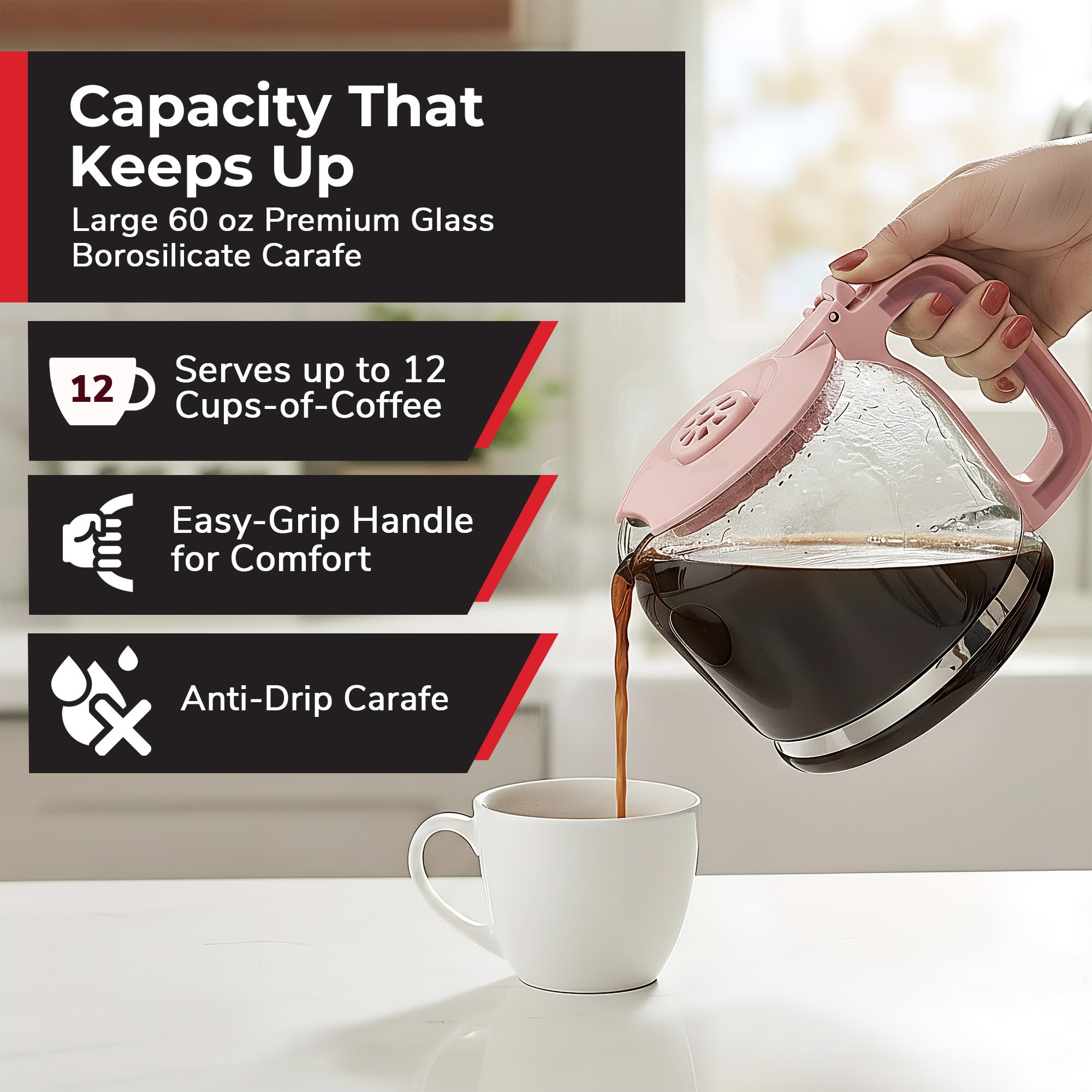 MUELLER HOME anti-drip carafe promotes clean, mess-free pouring