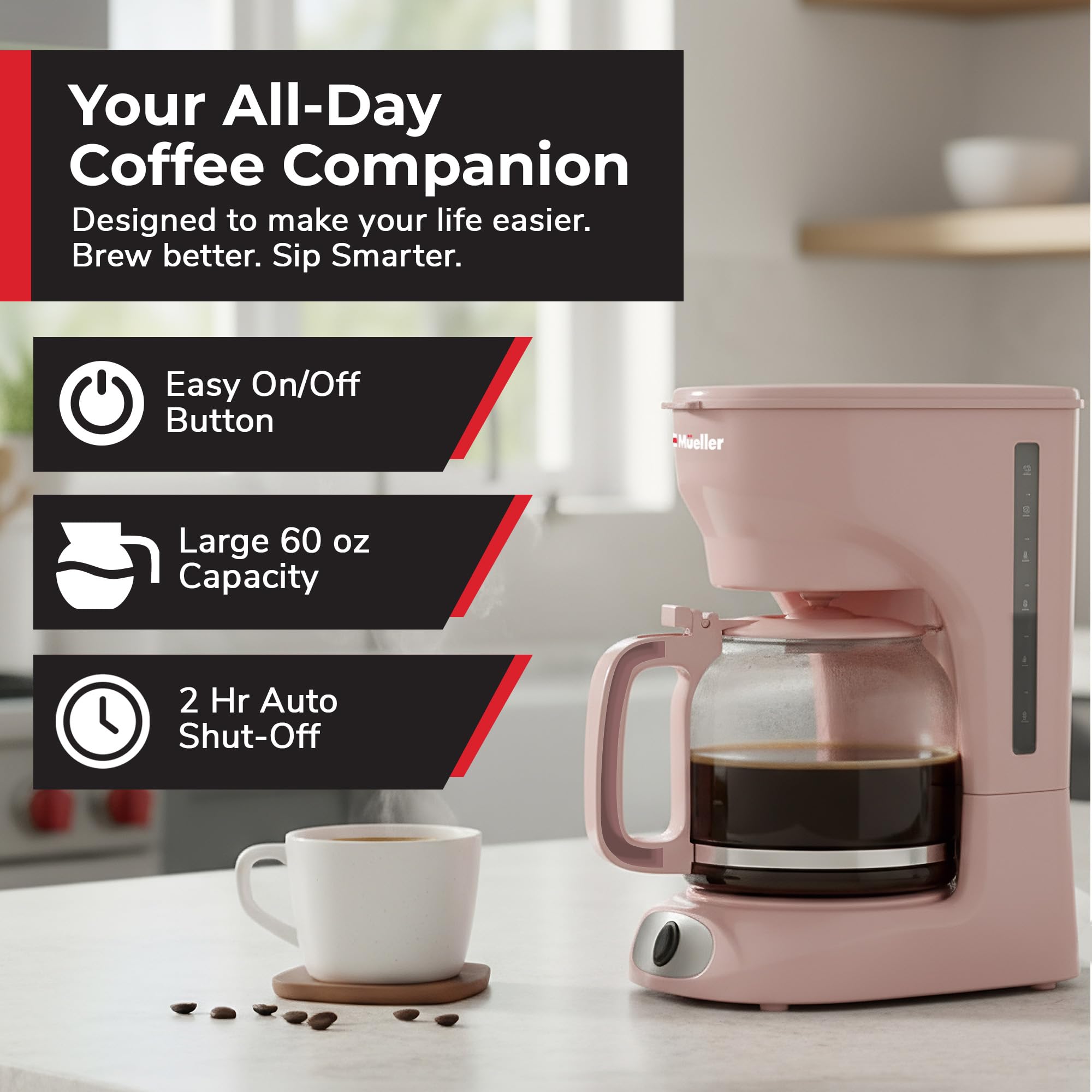 MUELLER HOME pink coffee maker with reusable filter supports eco-friendly brewing
