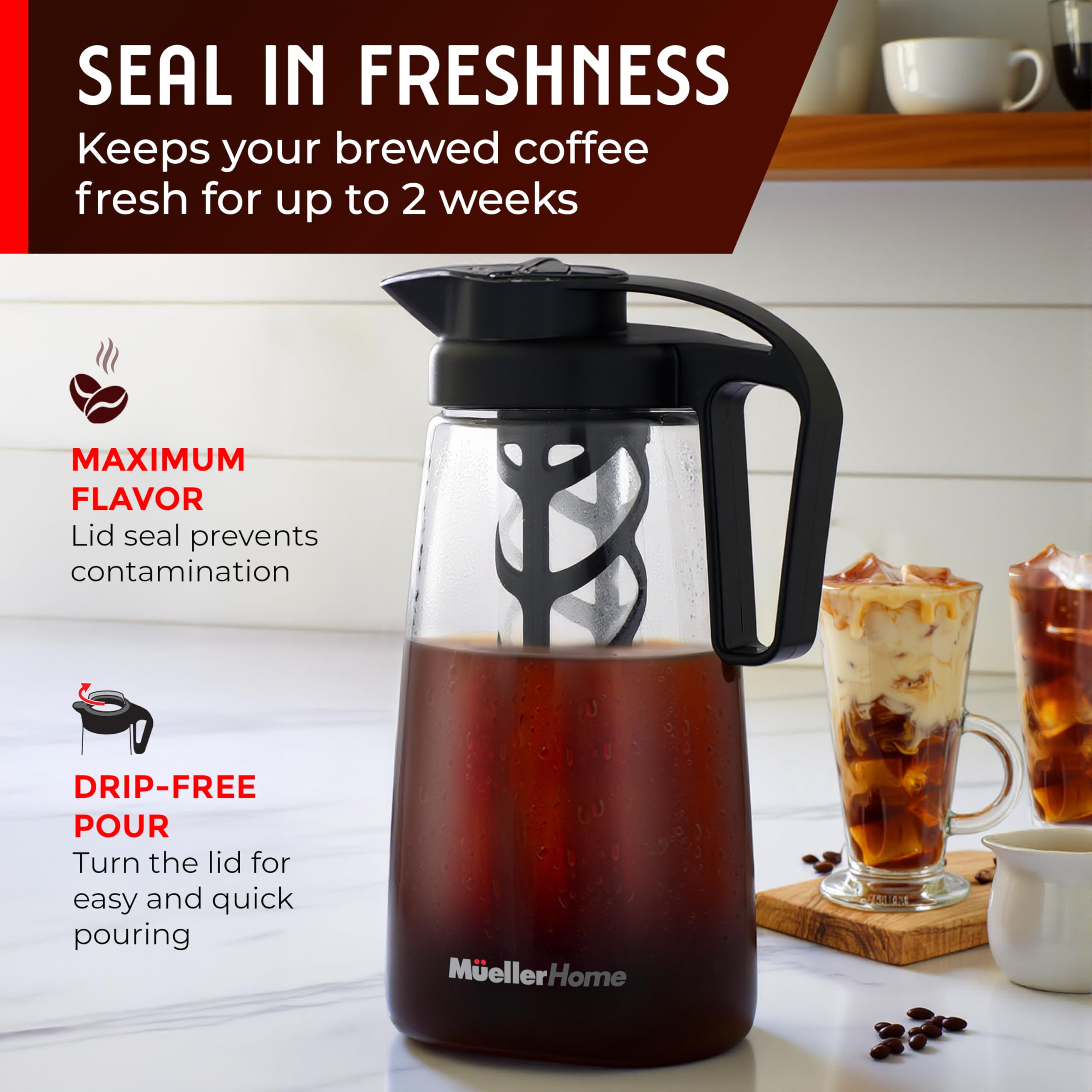 MUELLER HOME pour spout enables clean, mess-free pouring for coffee and tea.