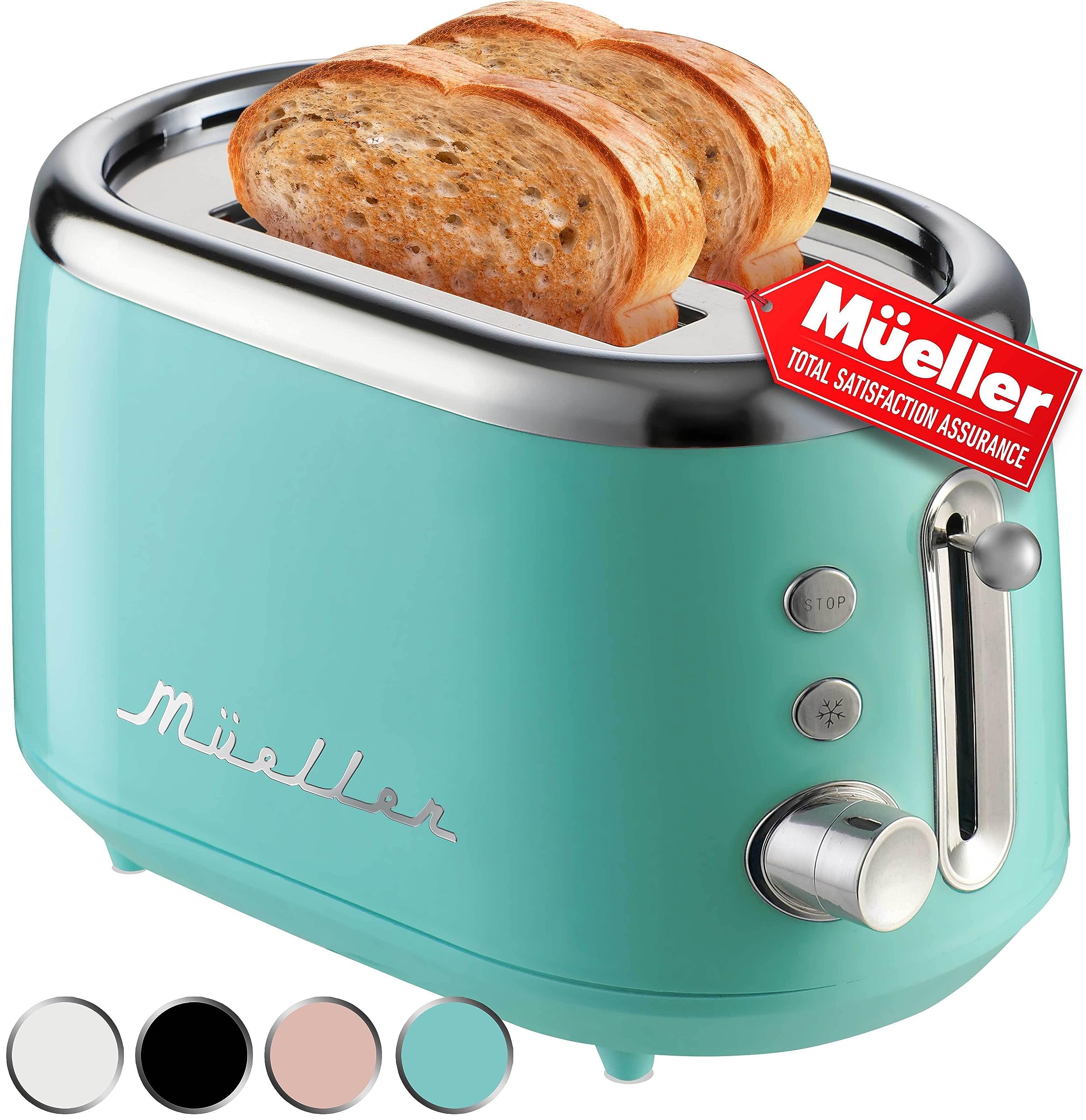 MUELLER HOME retro toaster front view in turquoise, space-saving design for small kitchens