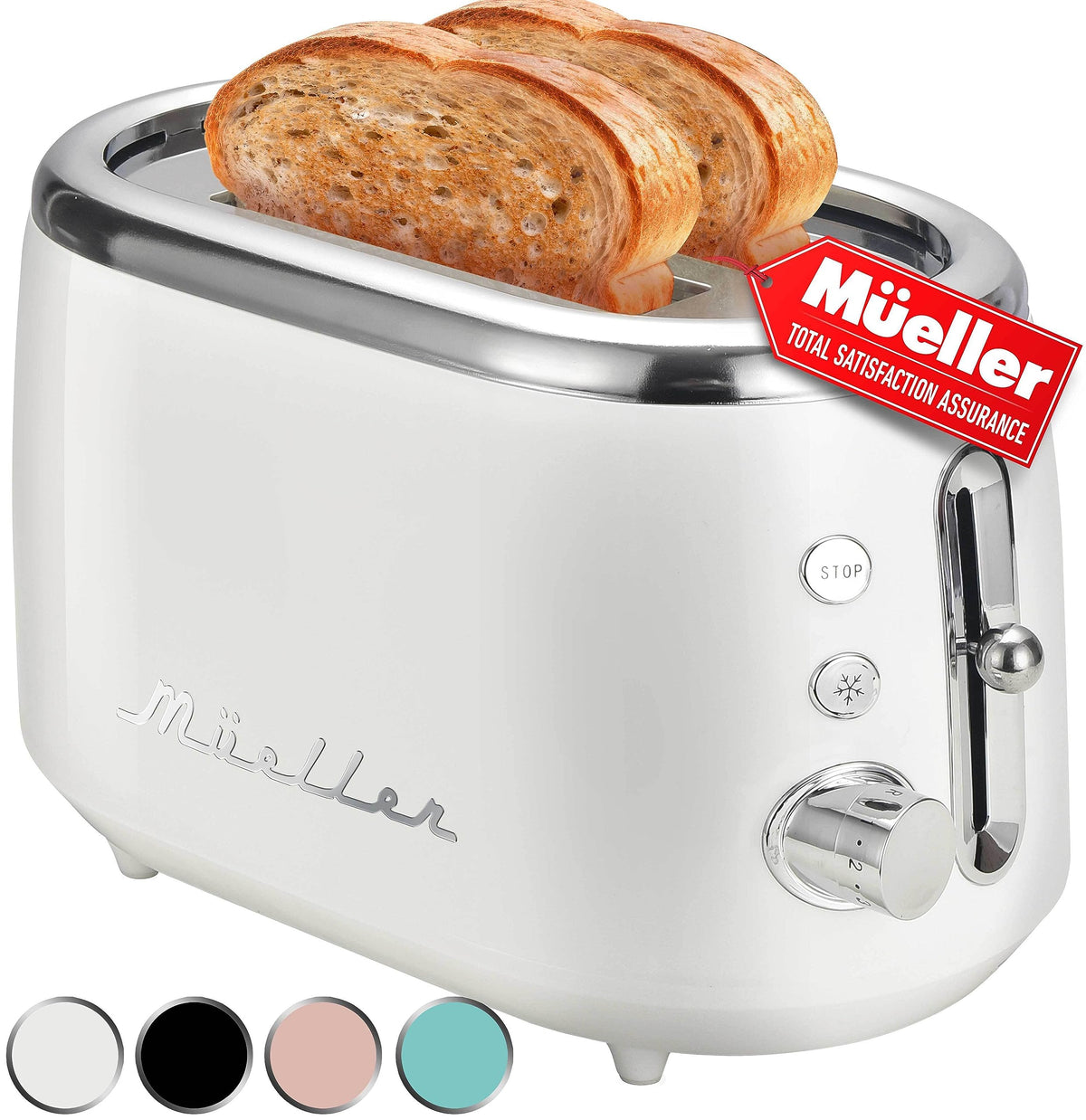 MUELLER HOME Retro Toaster front view with 7 browning levels for precise toast.