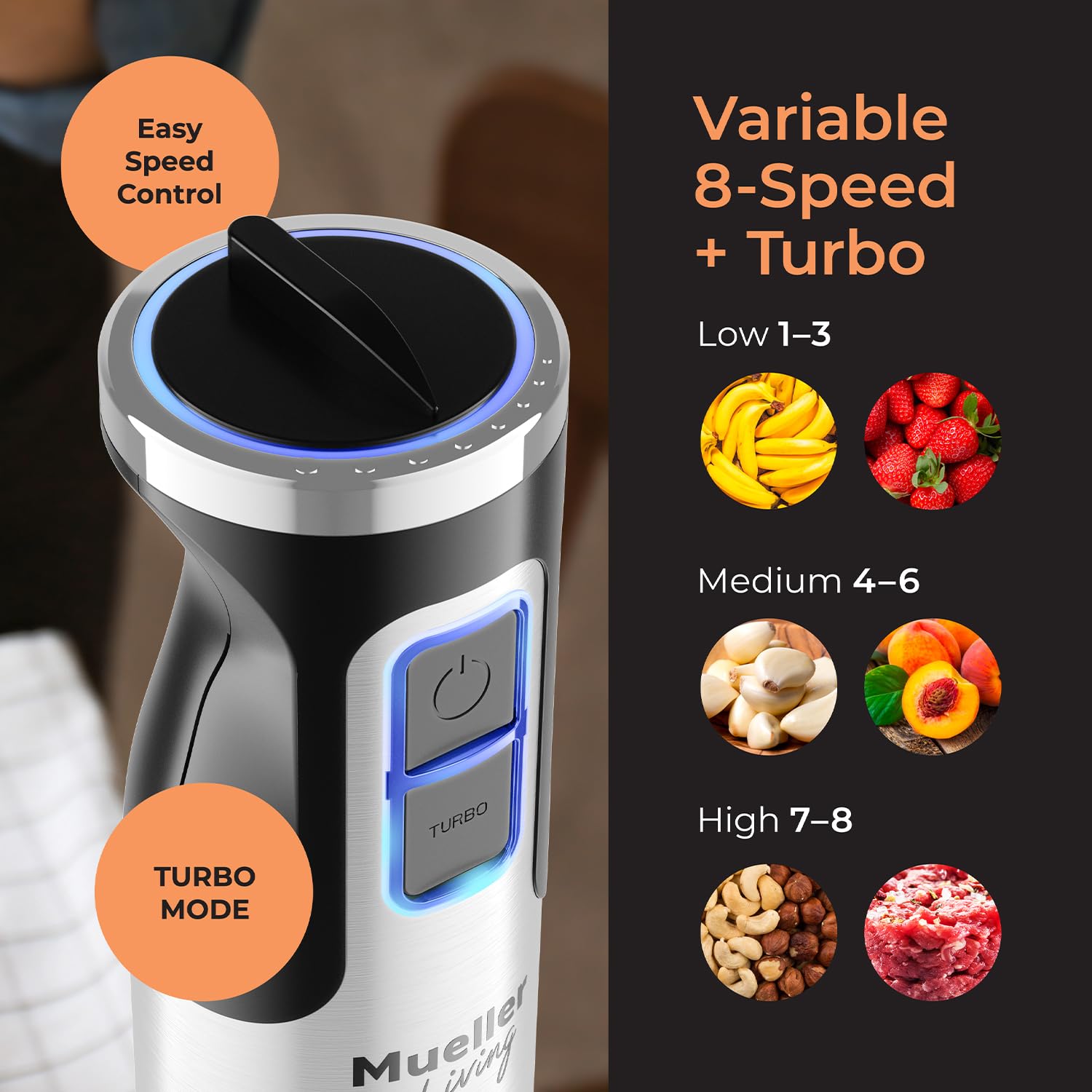 Mueller immersion blender dishwasher-safe shaft simplifies cleanup after meals.
