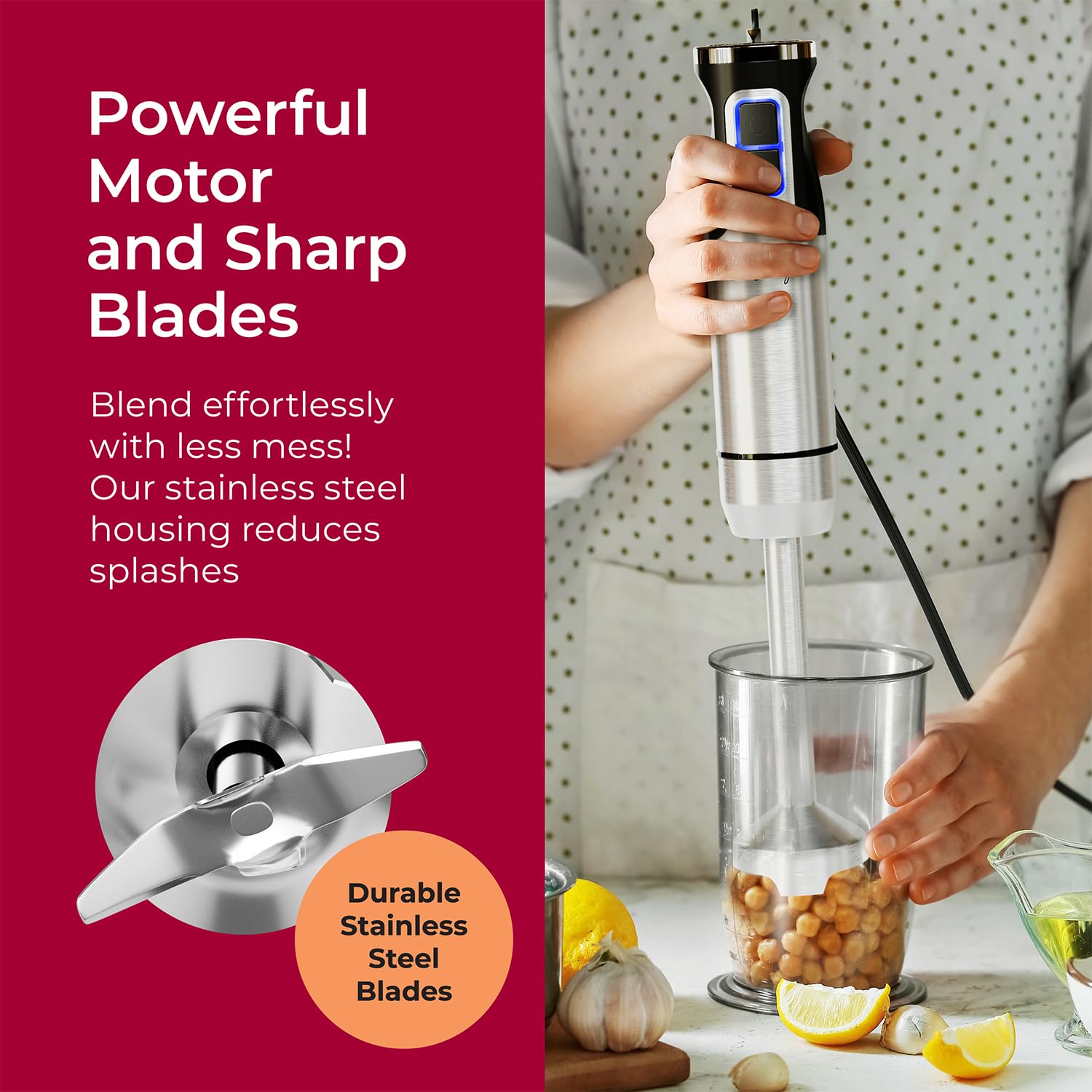 Mueller immersion blender easy-clean shaft supports quick kitchen cleanup.