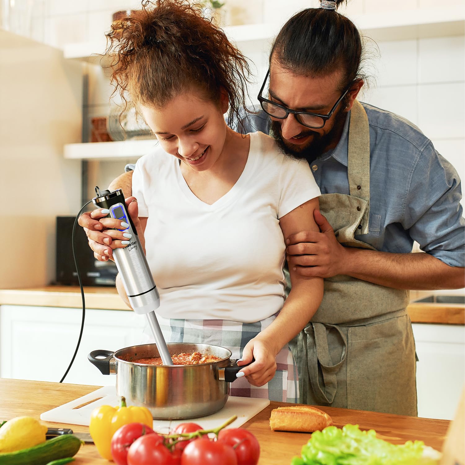 Mueller immersion blender compact design fits small kitchens.